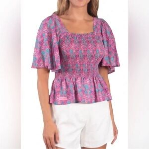 Simply Southern • Pink & Blue Seahorse Print Smocked Flutter Sleeve Top • Sz XL